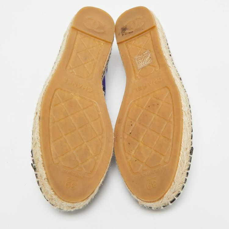 Pre Owned Chanel Purple/Black Mesh and Leather Interlocking CC Espadrille Flats Size 39