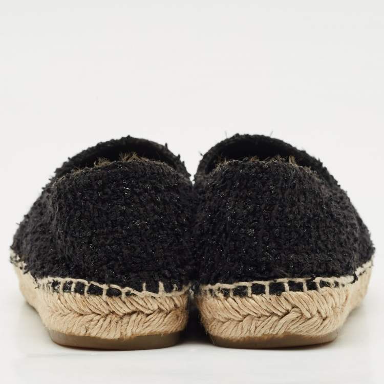 Pre Owned Chanel Black/Gold Tweed CC Cap Toe Espadrille Flats Size 39