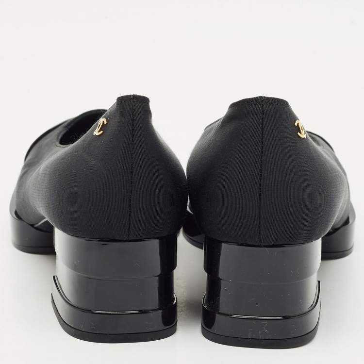 Pre Owned Chanel Black Patent Leather and Canvas Square Cap Toe CC Block Heel Pumps Size 38