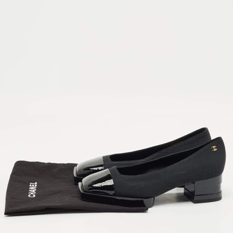 Pre Owned Chanel Black Patent Leather and Canvas Square Cap Toe CC Block Heel Pumps Size 38
