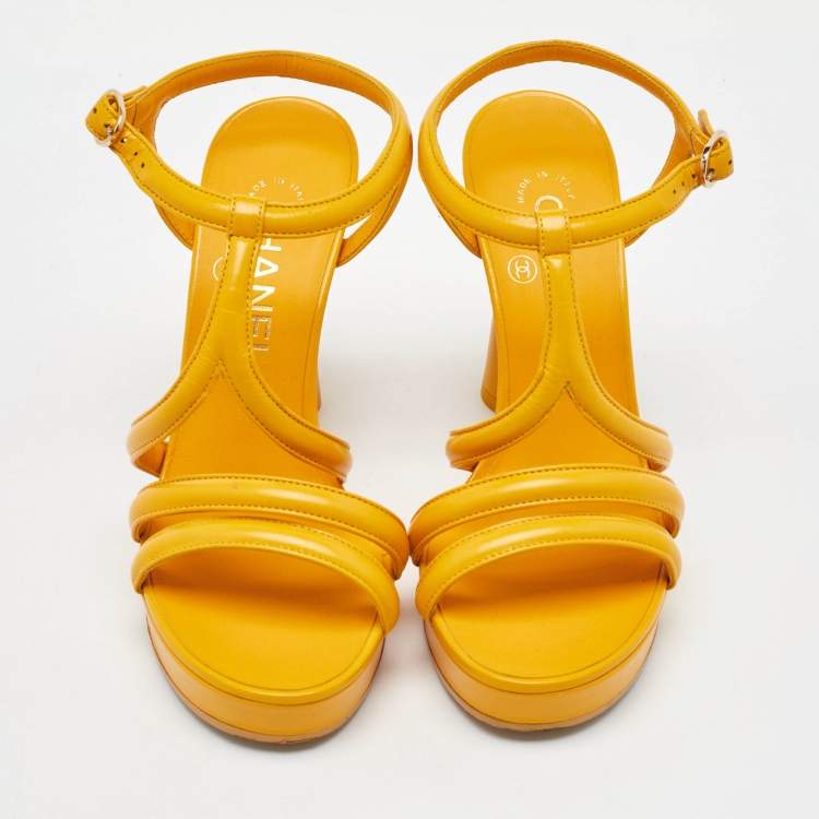 Pre Owned Chanel Yellow Leather Parthenon Grecian Column Platform Sandals Size 36