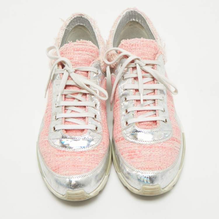 Pre Owned Chanel Pink/Silver Tweed and Holographic Leather Lace Up Sneakers Size 40