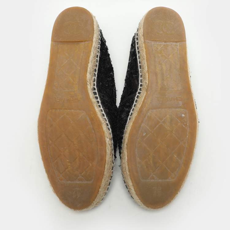 Pre Owned Chanel Black Sequins and Patent Leather CC Cap Toe Espadrille Flats Size 41