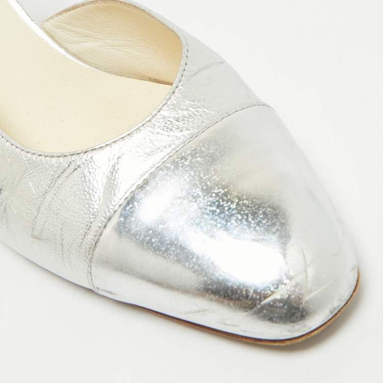 Pre Owned Chanel Silver Leather CC Slingback Pumps Size 40