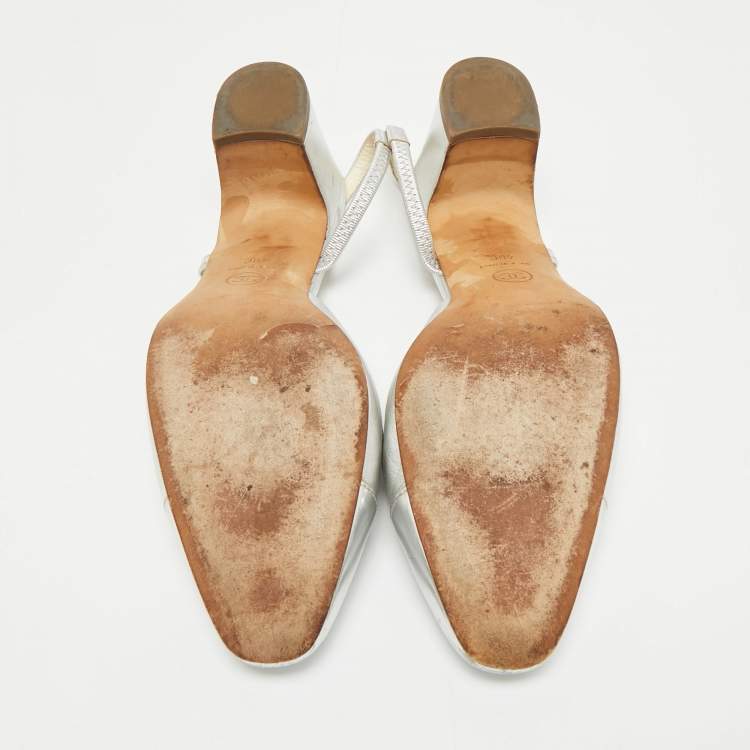 Pre Owned Chanel Silver Leather CC Slingback Pumps Size 40