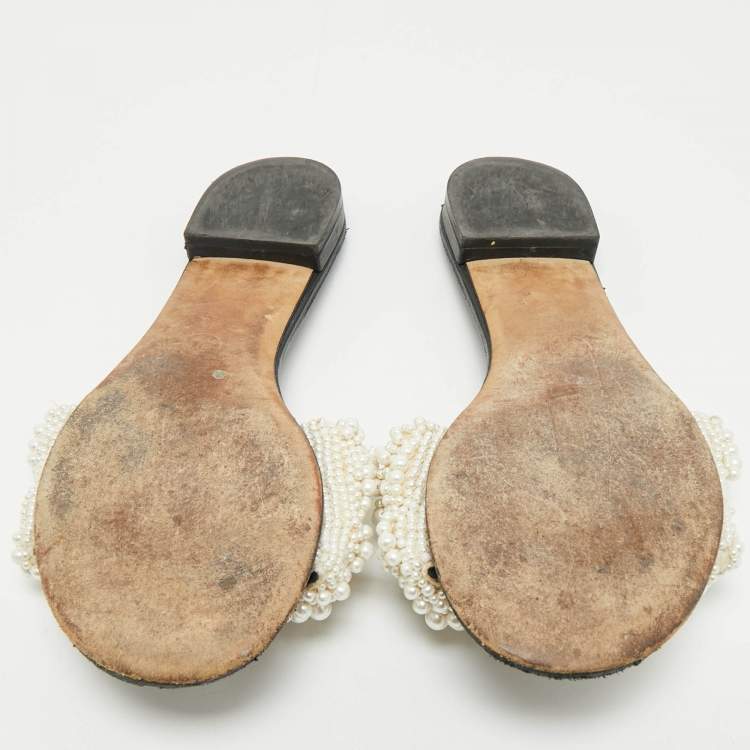 Pre Owned Chanel Black Leather Pearl Embellished Flat Slides Size 40