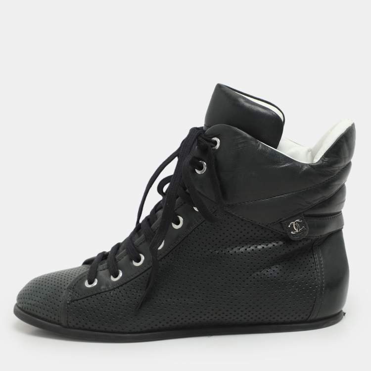 Pre Owned Chanel Dark Green Perforated Leather CC High Top Sneakers Size 38