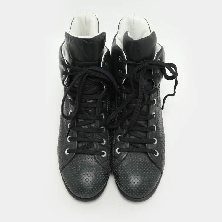 Pre Owned Chanel Dark Green Perforated Leather CC High Top Sneakers Size 38