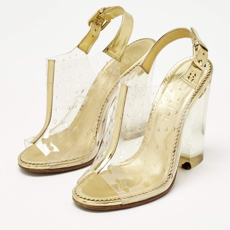 Pre Owned Chanel Gold/Transparent PVC and Leather Block Heel Slingback Sandals Size 37.5 
