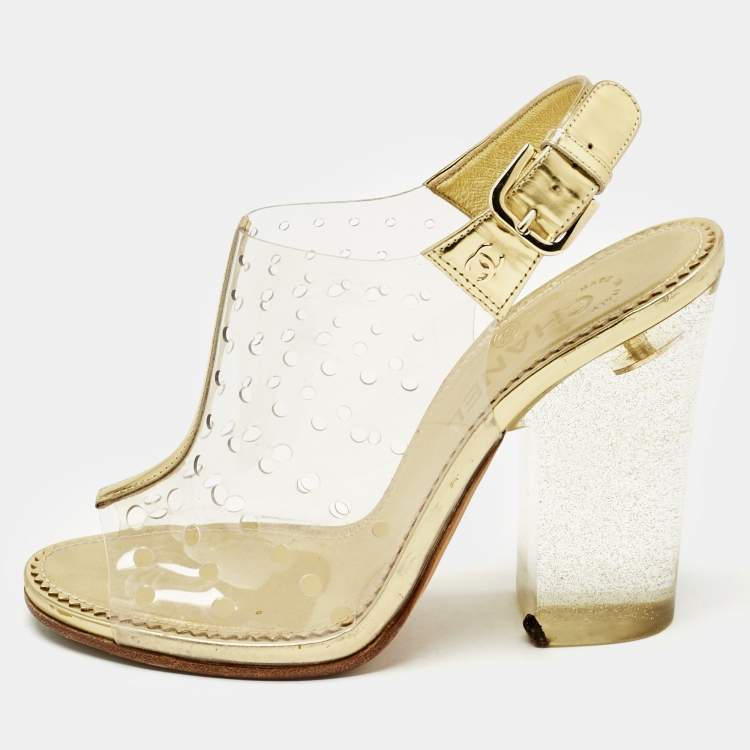 Pre Owned Chanel Gold/Transparent PVC and Leather Block Heel Slingback Sandals Size 37.5 