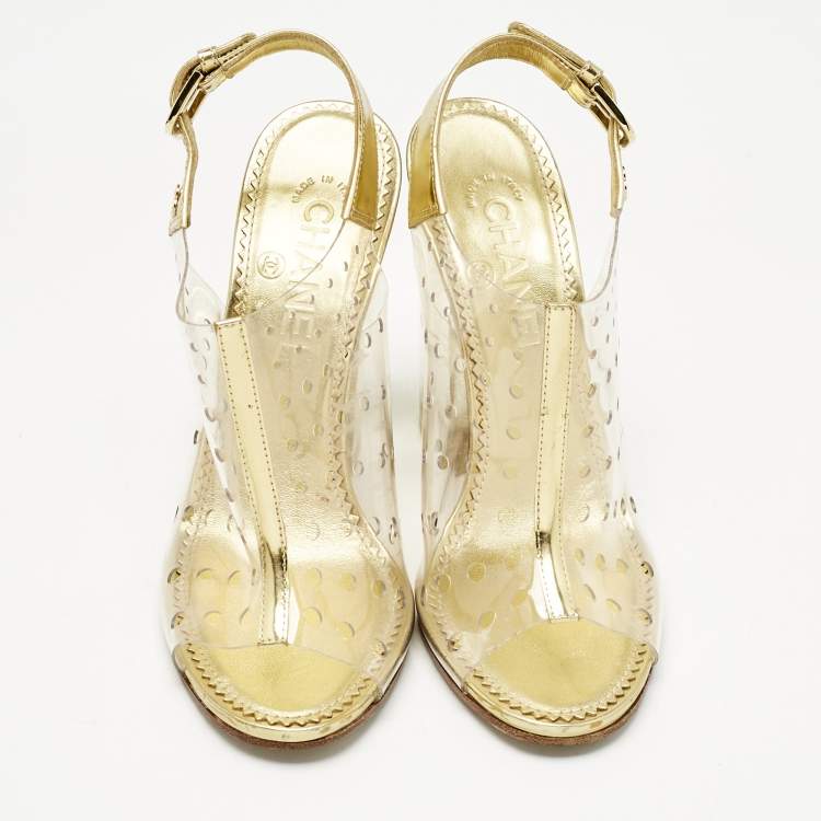 Pre Owned Chanel Gold/Transparent PVC and Leather Block Heel Slingback Sandals Size 37.5 