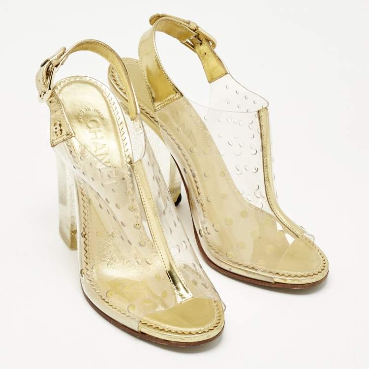 Pre Owned Chanel Gold/Transparent PVC and Leather Block Heel Slingback Sandals Size 37.5 