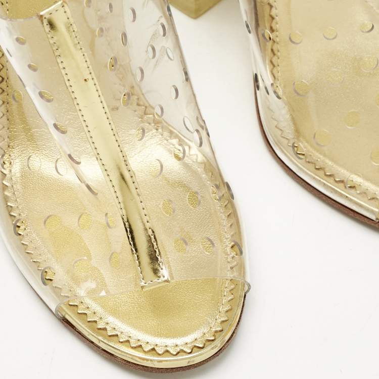 Pre Owned Chanel Gold/Transparent PVC and Leather Block Heel Slingback Sandals Size 37.5 
