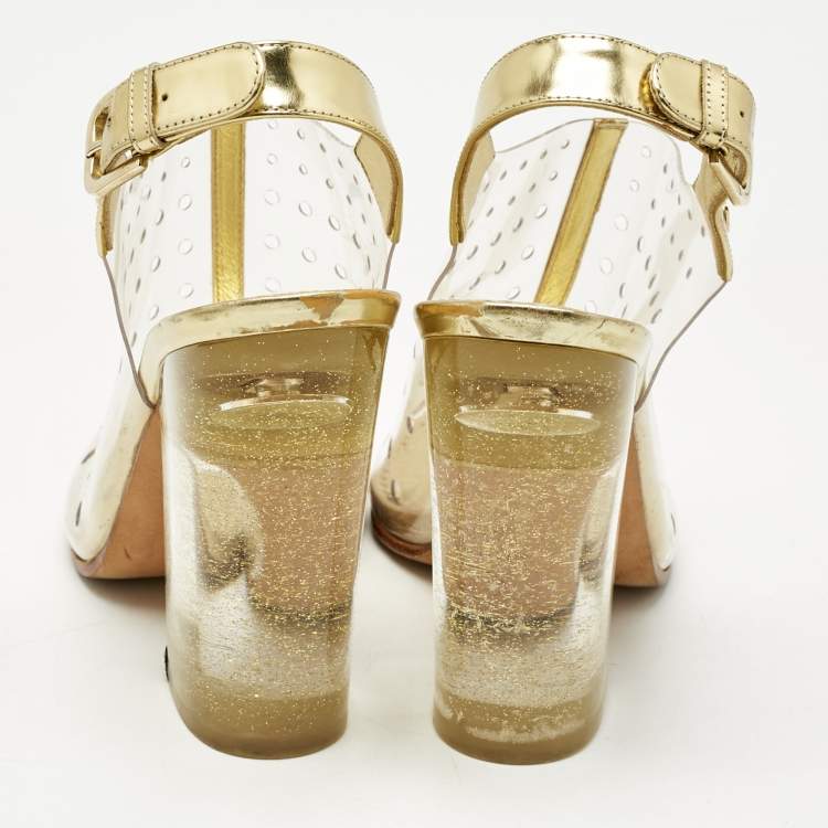 Pre Owned Chanel Gold/Transparent PVC and Leather Block Heel Slingback Sandals Size 37.5 