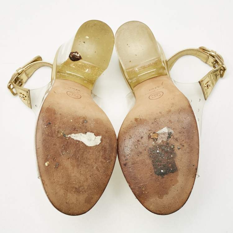 Pre Owned Chanel Gold/Transparent PVC and Leather Block Heel Slingback Sandals Size 37.5 