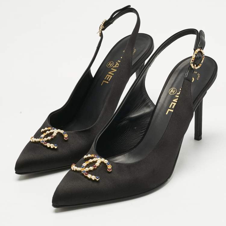 Pre Owned Chanel Black Satin CC Embellished Slingback Pumps Size 40