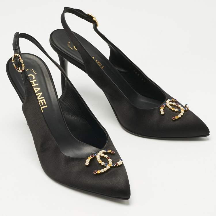 Pre Owned Chanel Black Satin CC Embellished Slingback Pumps Size 40