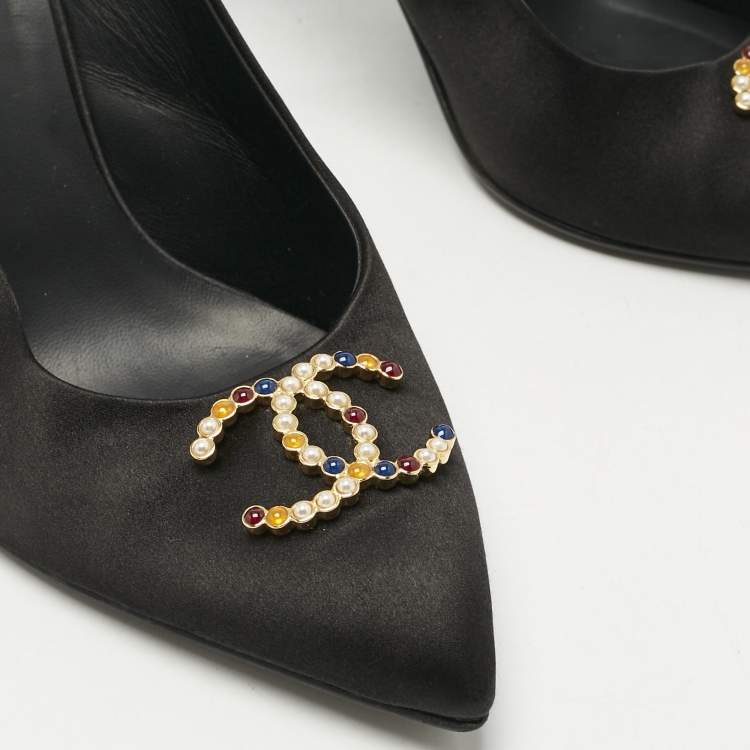 Pre Owned Chanel Black Satin CC Embellished Slingback Pumps Size 40