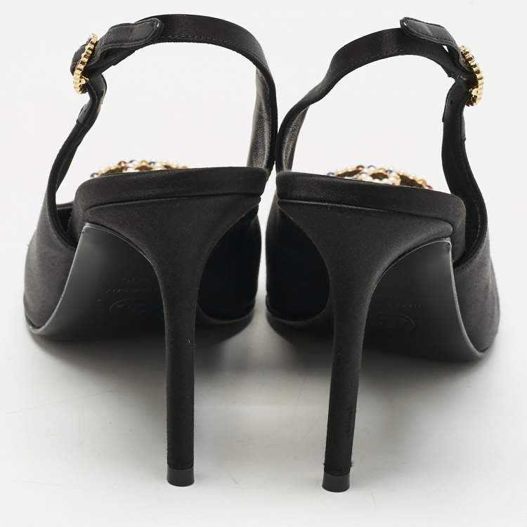 Pre Owned Chanel Black Satin CC Embellished Slingback Pumps Size 40