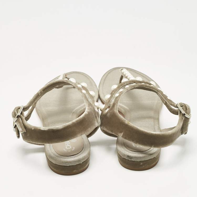 Pre Owned Chanel Grey Velvet Pear Embellished Thong Sandals Size 40