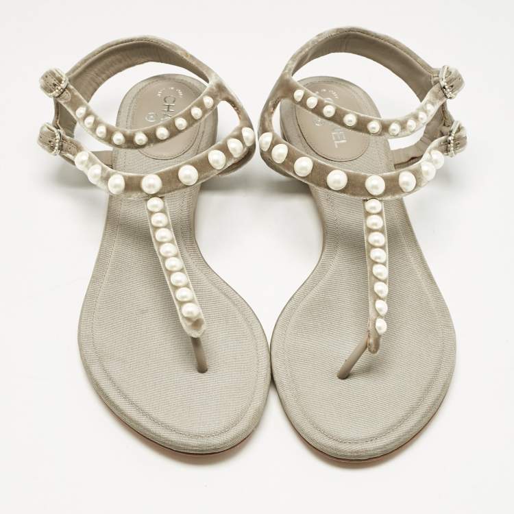 Pre Owned Chanel Grey Velvet Pear Embellished Thong Sandals Size 40