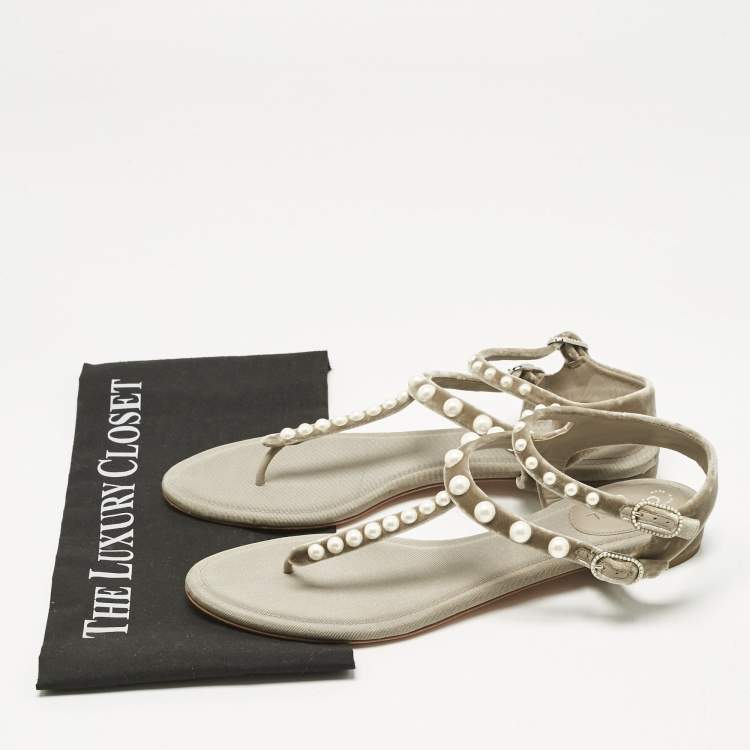 Pre Owned Chanel Grey Velvet Pear Embellished Thong Sandals Size 40