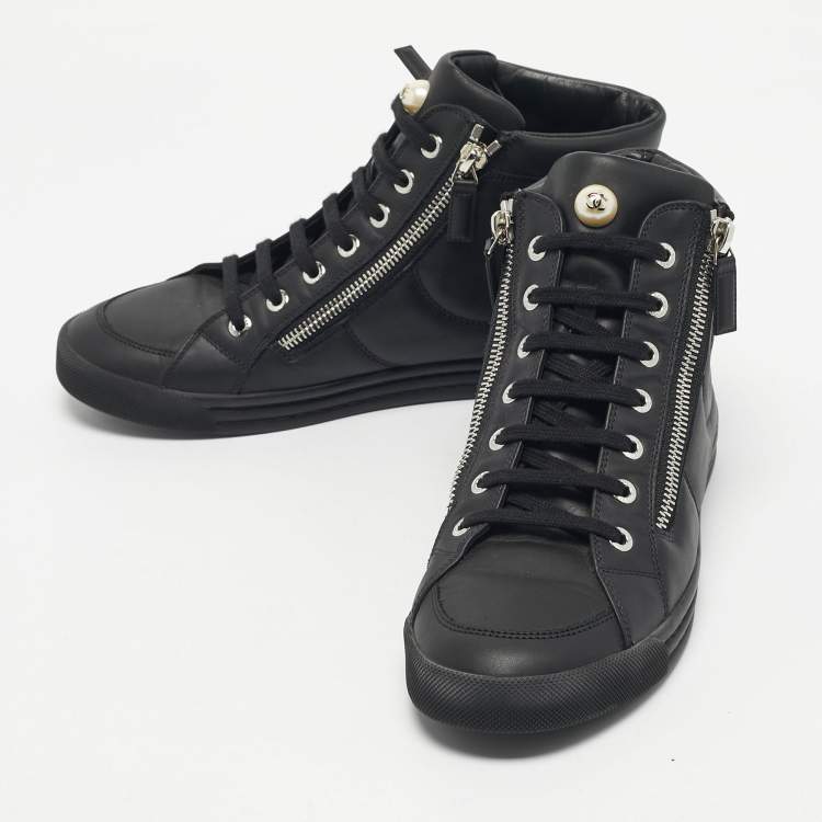 Pre Owned Chanel Black Leather and Rubber High Top Sneakers Size 38