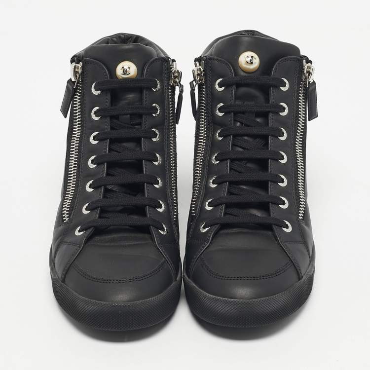 Pre Owned Chanel Black Leather and Rubber High Top Sneakers Size 38