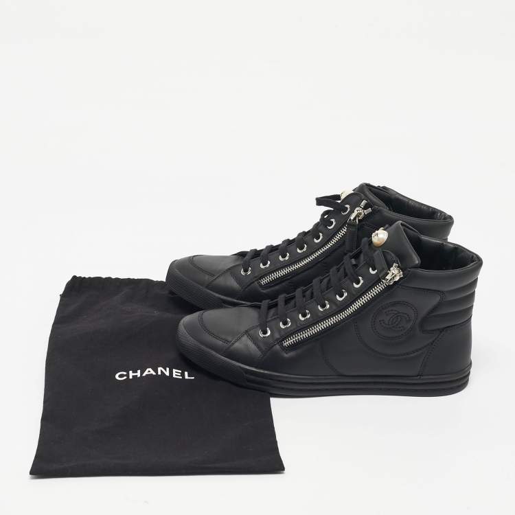 Pre Owned Chanel Black Leather and Rubber High Top Sneakers Size 38
