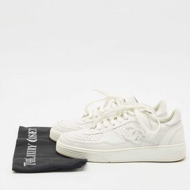 Pre Owned Chanel White Leather CC Low Top Sneakers Size 36.5