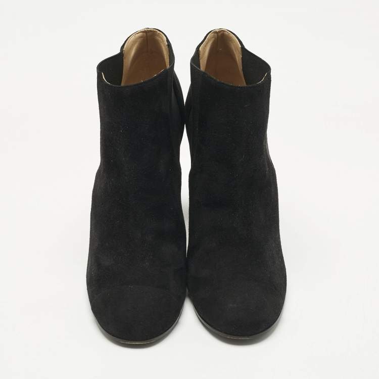 Pre Owned Chanel Black Suede Cap Toe Ankle Length Boots Size 40.5