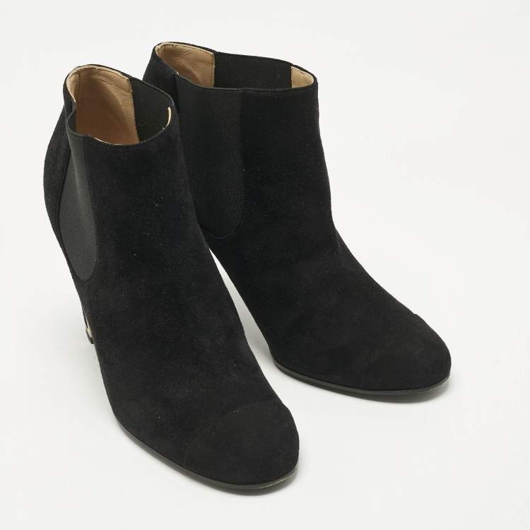 Pre Owned Chanel Black Suede Cap Toe Ankle Length Boots Size 40.5