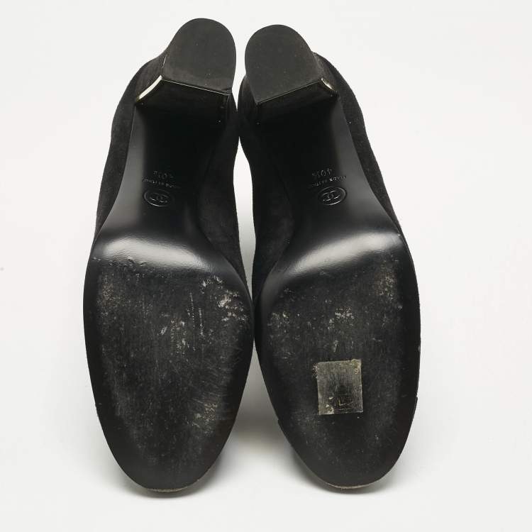 Pre Owned Chanel Black Suede Cap Toe Ankle Length Boots Size 40.5
