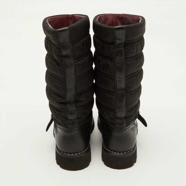 Pre Owned Chanel Black Nylon and Leather CC Logo Moto Calf Length Boots Size 39