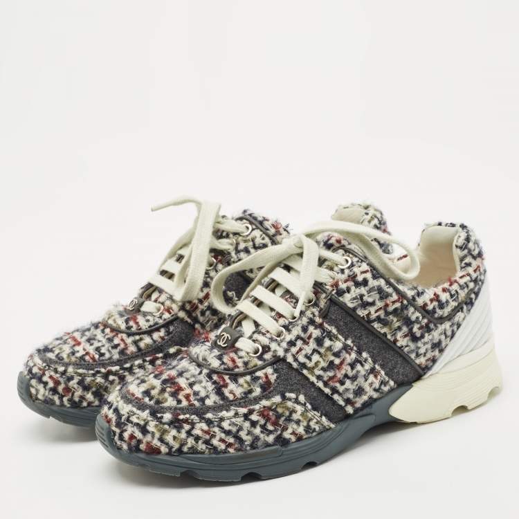 Pre Owned Chanel Multicolor Tweed and Leather Low Top Sneakers Size 38