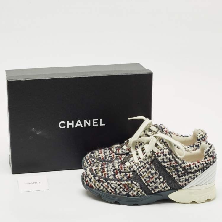 Pre Owned Chanel Multicolor Tweed and Leather Low Top Sneakers Size 38