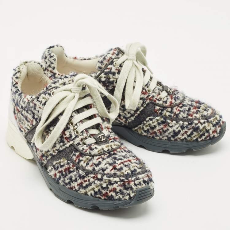 Pre Owned Chanel Multicolor Tweed and Leather Low Top Sneakers Size 38