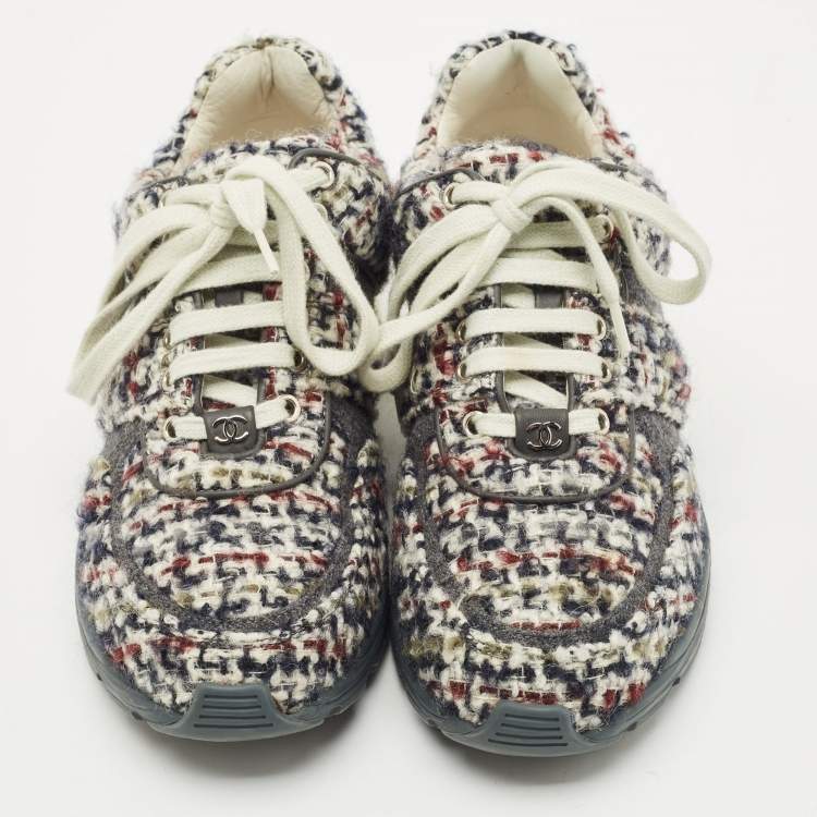 Pre Owned Chanel Multicolor Tweed and Leather Low Top Sneakers Size 38
