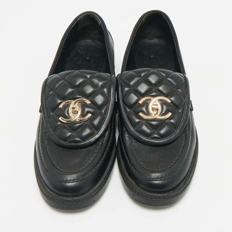 Pre Owned Chanel Black Quilted Leather CC Turnlock Loafers Size 37