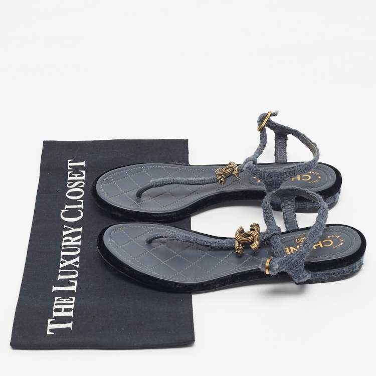 Pre Owned Chanel Blue Tweed and Velvet  CC LogoT-Strap Flat Sandals Size 37