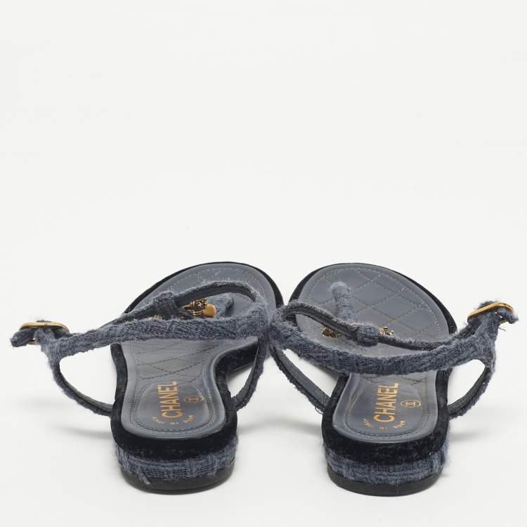 Pre Owned Chanel Blue Tweed and Velvet  CC LogoT-Strap Flat Sandals Size 37