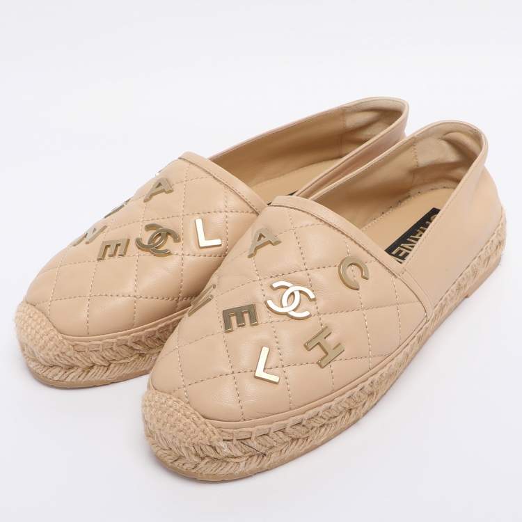 Pre Owned Chanel Beige Quilted Leather CC Logo Espadrille Flats Size 38