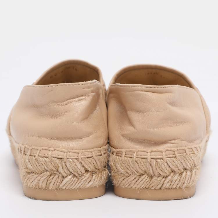 Pre Owned Chanel Beige Quilted Leather CC Logo Espadrille Flats Size 38