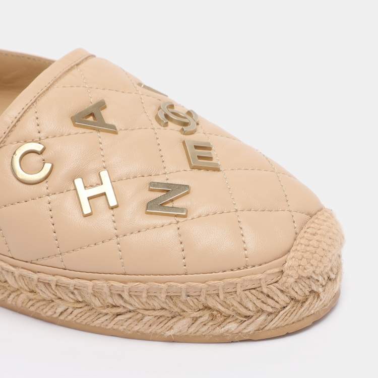 Pre Owned Chanel Beige Quilted Leather CC Logo Espadrille Flats Size 38