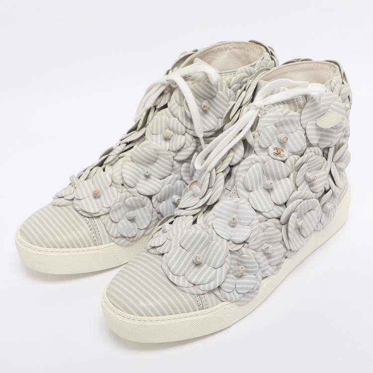 Pre Owned Chanel Grey Leather CC Camellia High Top Sneakers Size 38