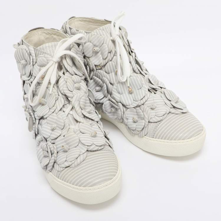Pre Owned Chanel Grey Leather CC Camellia High Top Sneakers Size 38