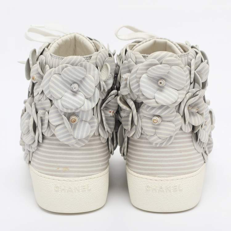 Pre Owned Chanel Grey Leather CC Camellia High Top Sneakers Size 38