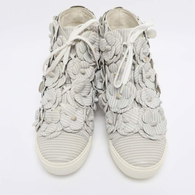 Pre Owned Chanel Grey Leather CC Camellia High Top Sneakers Size 38