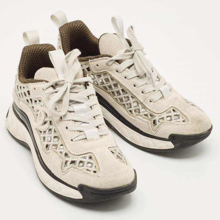 Pre Owned Chanel Grey/White Suede CC Interlocking Logo Low Top Sneakers Size 36