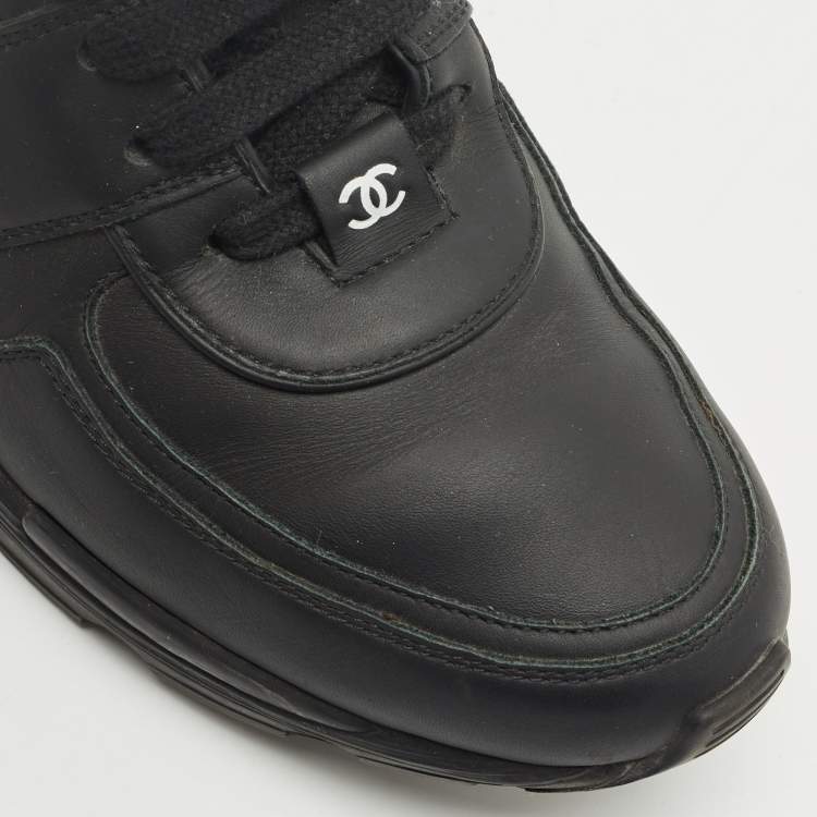 Pre Owned Chanel Black/White Leather CC Lace Up Sneakers Size 39